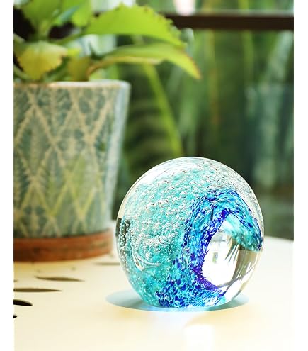 Glass Decor Hand-Blown Ocean Waves Crystal Ball | K9 Glass Paperweight ...