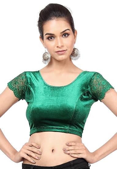 Green Velvet Stretchable Readymade Saree Blouse for Women(SSB2205_Green_)