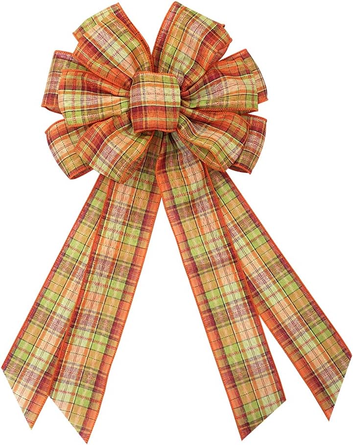 Bows & Ribbons - Large Fall Orange Green Red Plaid Bow for Wreath, Plaid Bow for Fall Décor - Autumn Thanksgiving Bow for Front Door Indoor Outdoor Wall Decoration Supplies Ornaments