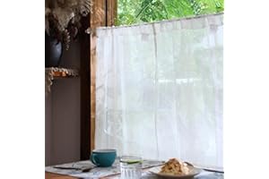 jinchan Semi Sheer Kitchen Curtains for Window 24 Inch Mini Pom-Pom Voile Tier Curtains Light Filtering Small Drapes for Bedroom Living Room Rod Pocket 2 Panels Linen Whisper