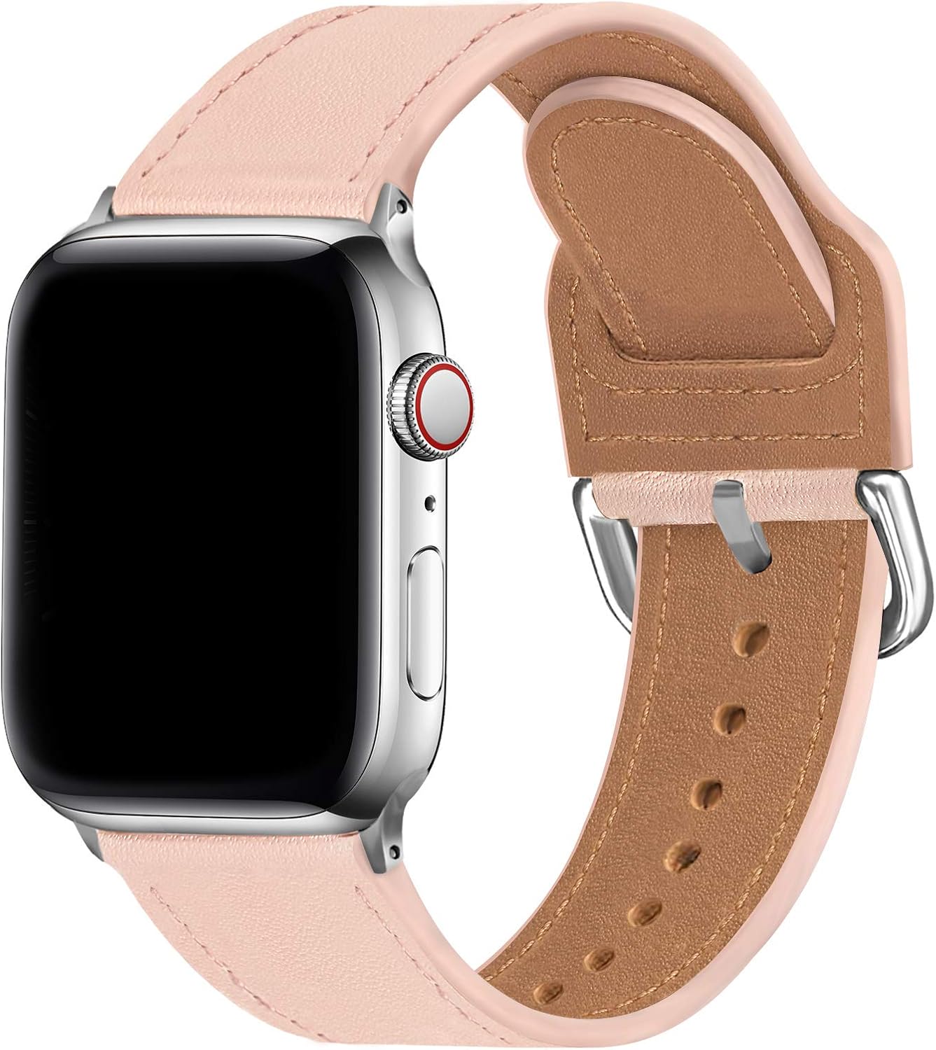 MARGE PLUS Compatible with Apple Watch Band 40mm 38mm 44mm 42mm, Genuine Leather Strap Replacement for iWatch SE Series 6 5 4 3 2 1, (Pink/Sliver)