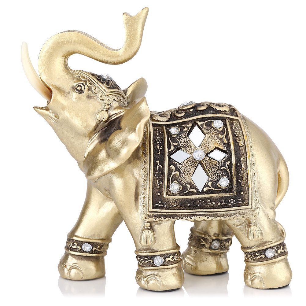 Elephant Statue , Gold Color Elegant Elephant Ornament Wealth Lucky Elephant Figurine With Trunk Raised Home Office Decor Birthday Congratulatory House Warming Gift(M)