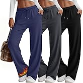 Yearntown 3 Pack Women's Fleece Wide Leg Sweatpants Thermal Baggy Athletic Pants Drawstring Lounge Pants with Pockets