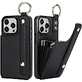Folosu for iPhone 15 Pro Max Wallet Case with Card Holder, Hand Wrist Strap Loop Holder Kickstand, RFID Blocking Finger Grip Ring PU Leather Double Buttons Shockproof Cover 6.7" Black