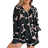 RUIWANBBY Christmas Pajamas Shorts Sets for Women Long Sleeve Button Down Shirt Lounge Shorts Funny Xmas Sleepwear Loungewear