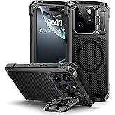 Lanhiem for iPhone 16 Pro Max Metal Case with Camera Cover & Stand [Compatible with MagSafe] [Built-in Kickstand] [Military-Grade Protection] Heavy Duty Rugged Magnetic Phone Case, Black