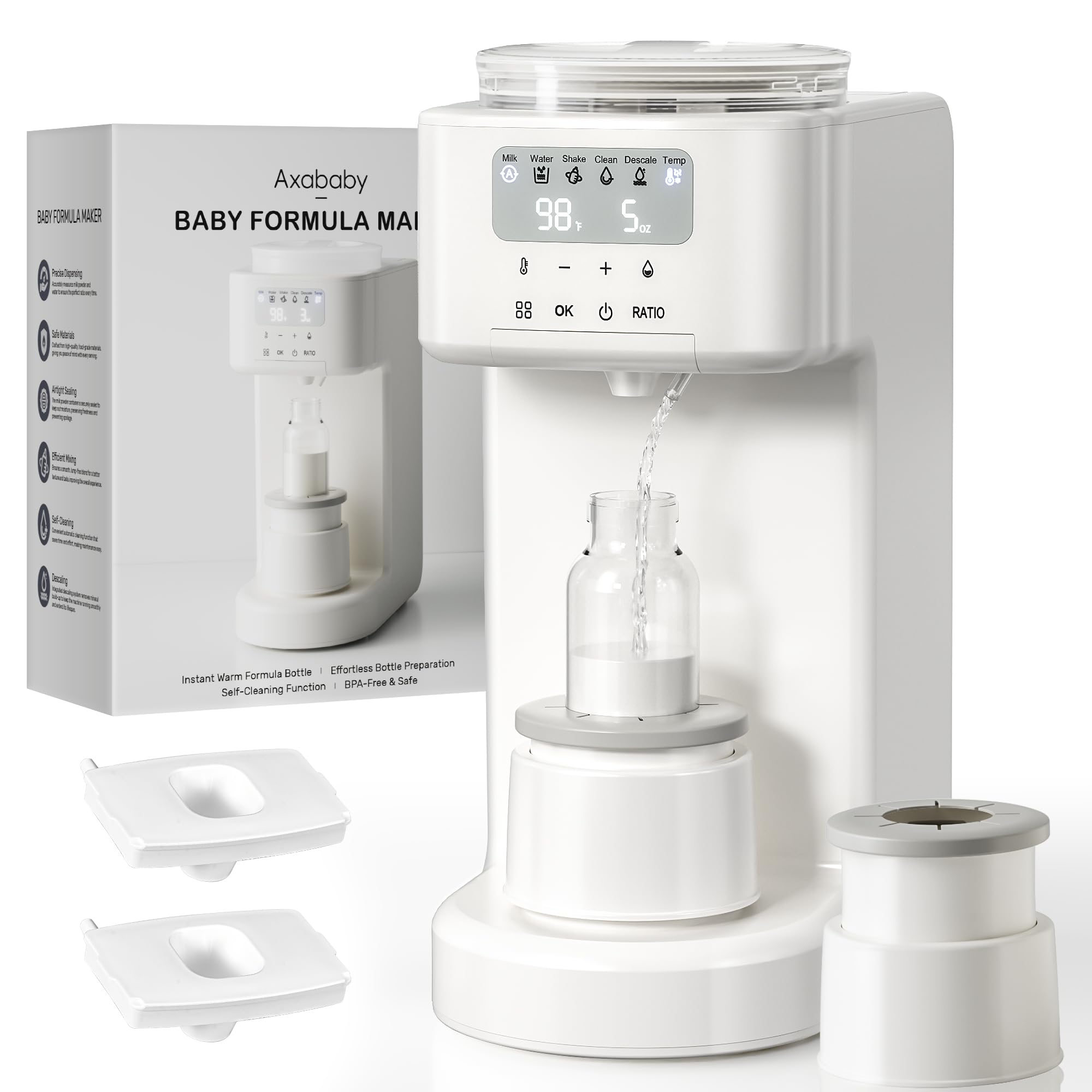 Photo 1 of Axababy Advanced Baby Formula Maker with Automatic Mix & Clean, Fast Formula Dispenser with Accurate Sensors, Instant Warm Water, Moisture-Proof, Fits Most Bottles & Formula, Dishwasher-Safe (White)
