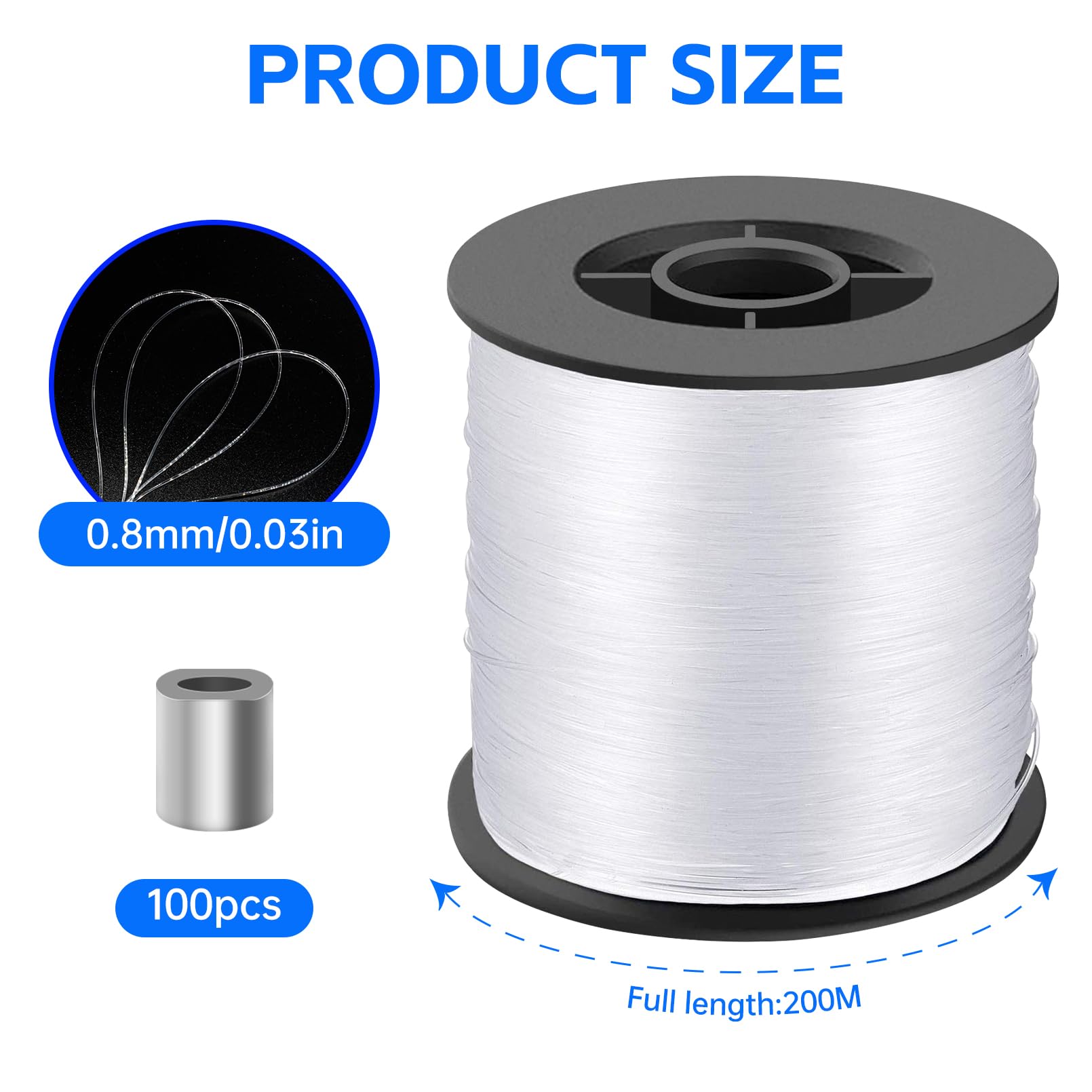 Strong Clear Invisible Hanging Wire - 0.8MM String Thick Nylon Wire Fishing Line 656FT Clear String Wire with 100Pcs Aluminum Crimping Sleeves for Picture Frame, String Light, Flowerpot, Craft