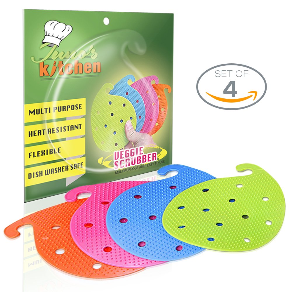 4 Vegetable Scrubber Brushes: Double Sided Silicone Fruit and Vegetable Scrubber - Multi Use: Potato Scrubber - Carrot Brush - Trivet - Jar Opener BBQ grill glove (4 random colors)