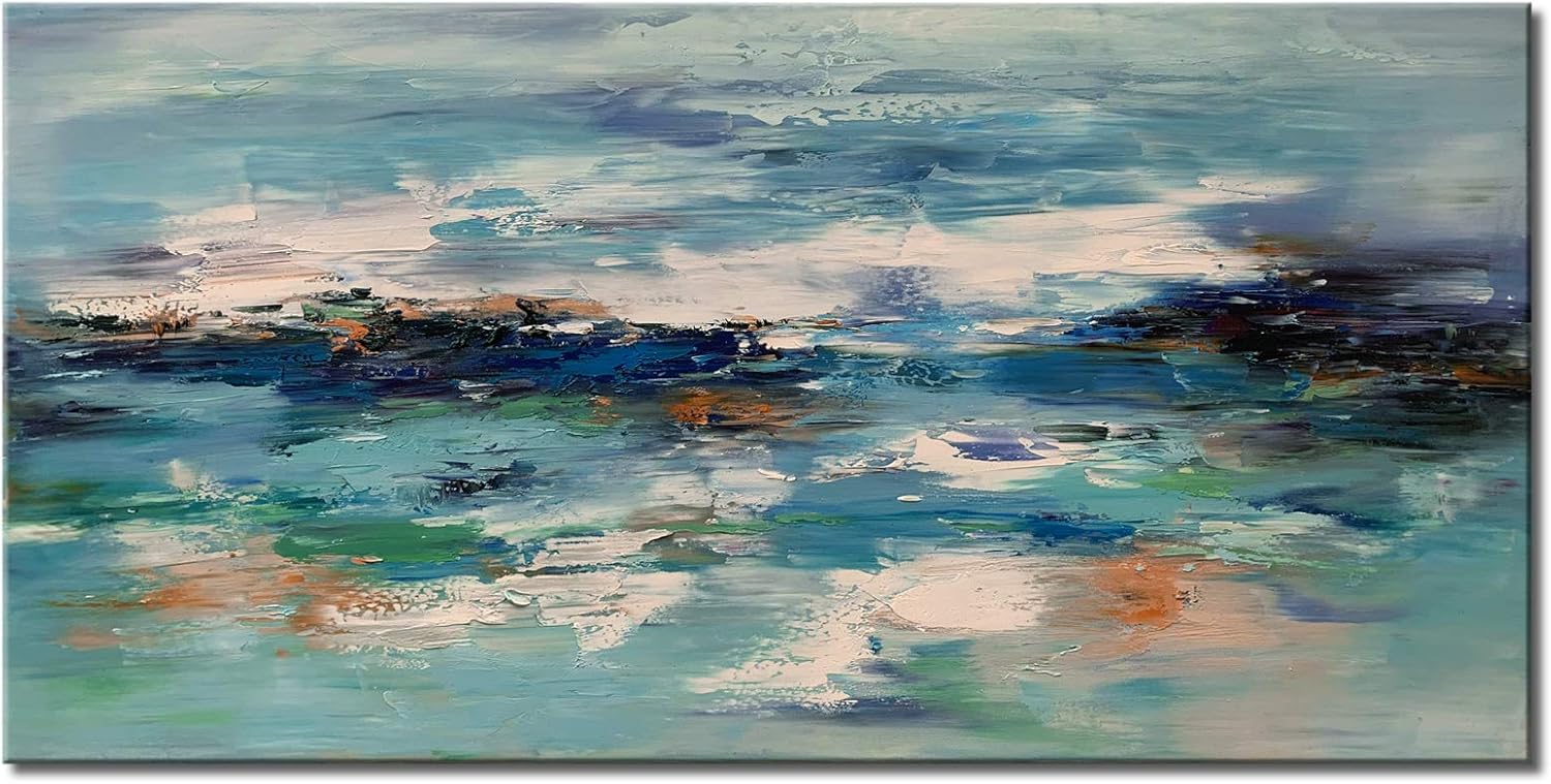 Paintings - Large Turquoise abstract Wall Art Handmade Textured Modern Oil Painting on Canvas Blue Seascape Artwork for Decor