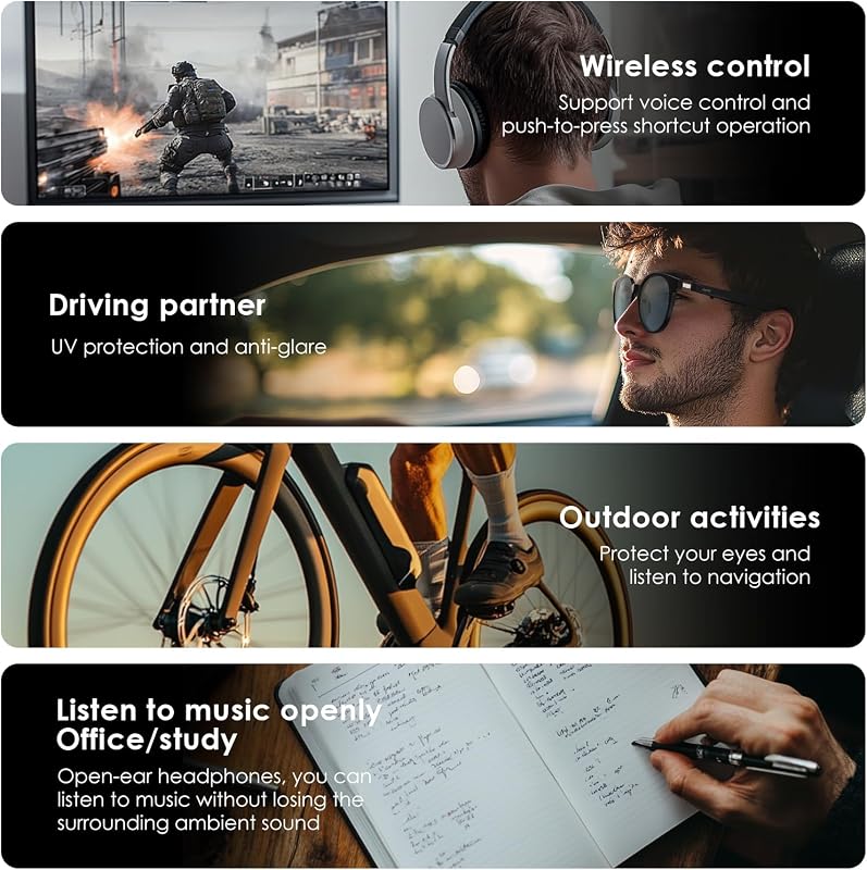 - Gafas Bluetooth, gafas de audio inteligentes de oreja abierta con altavoz y micrófono, gafas de sol polarizadas para hombres y mujeres (Marco Blanco + Lente Gris)