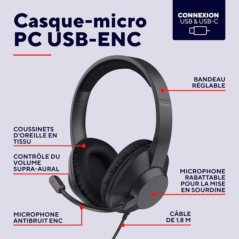 Ayda Max Casque USB Filaire avec Micro ENC Antibruit Over Ear, Noir