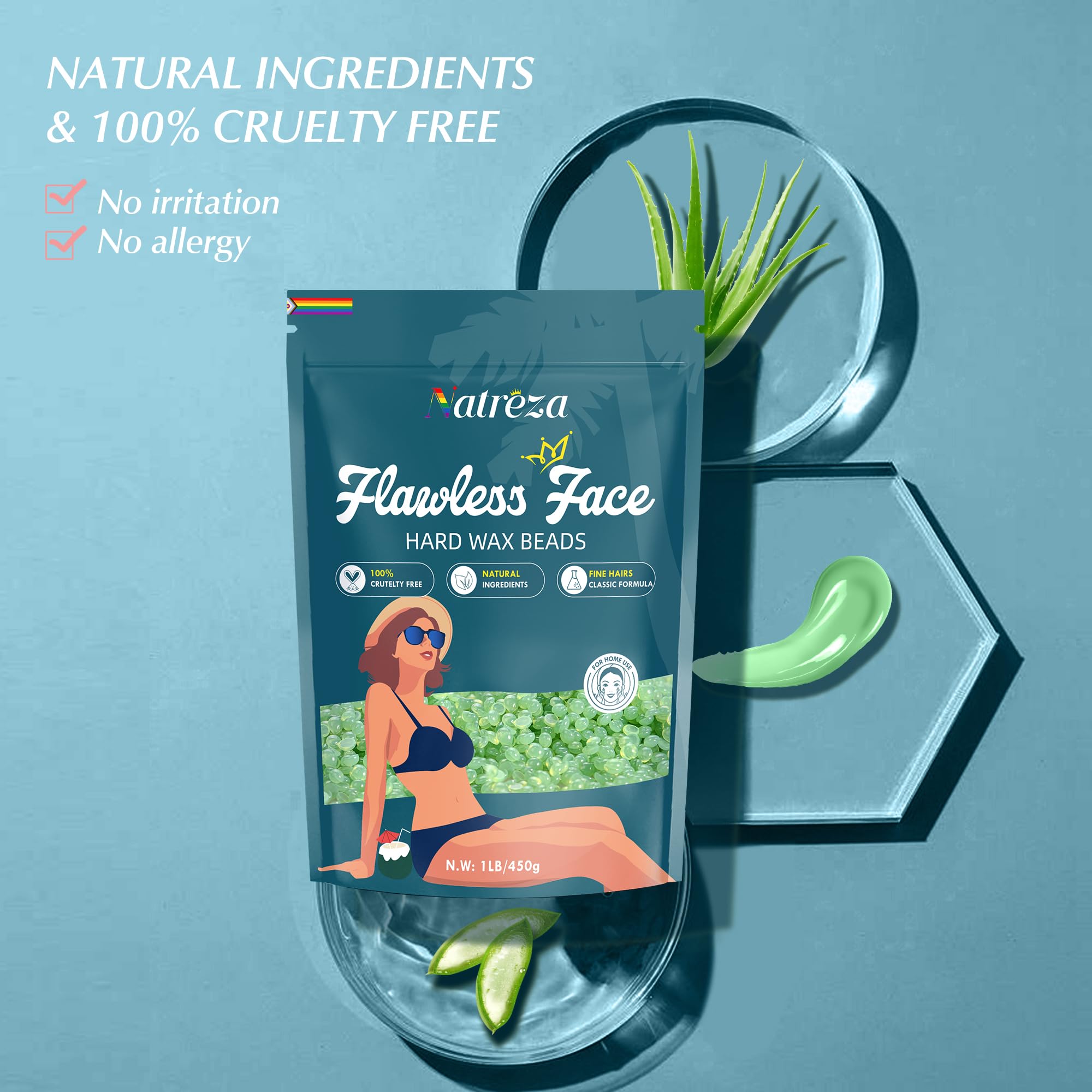 Natreza Hard Wax Beads for Hair Removal, 1lb Hard Wax for Sensitive Skin With Aloe Vera Extract, Formulated for Fine Hairs, Perfect Body Wax for Face Eyebrow Chin Upper Lip Leg Arm Bikini Waxing
