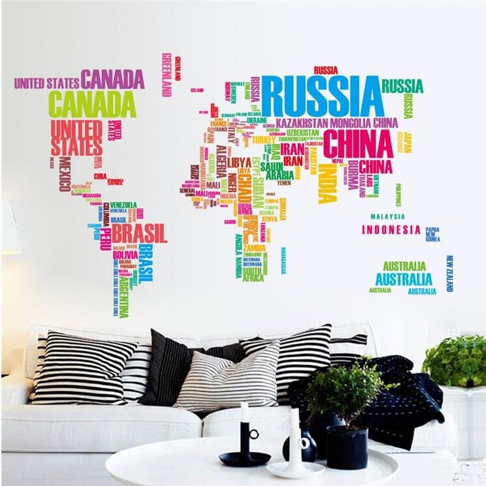 KWOKGUO Wall Stickers Letters World Map DIY Removable Decals for Kids Room Nursery Art Home Decor
