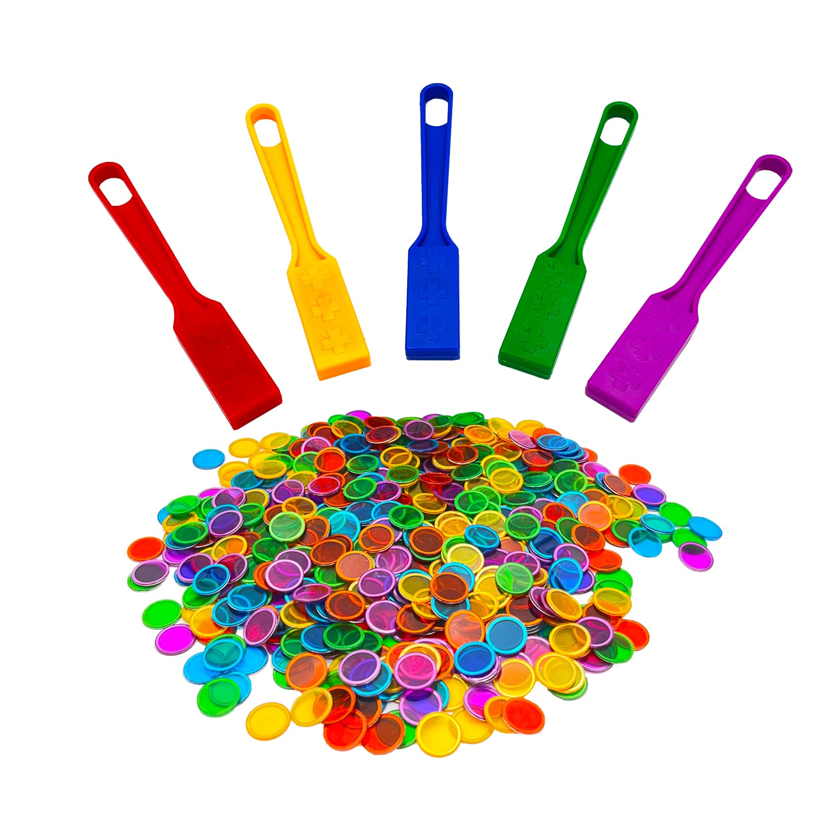 JUNWRROW Magnetic Bingo Wand with Chips,5-Pack& 500 Metal Chip, 5 Color Metal Chips-for Large Group Games,Family Game Night, Sensory Bins,Counting and Sorting,Science& Educational Activities
