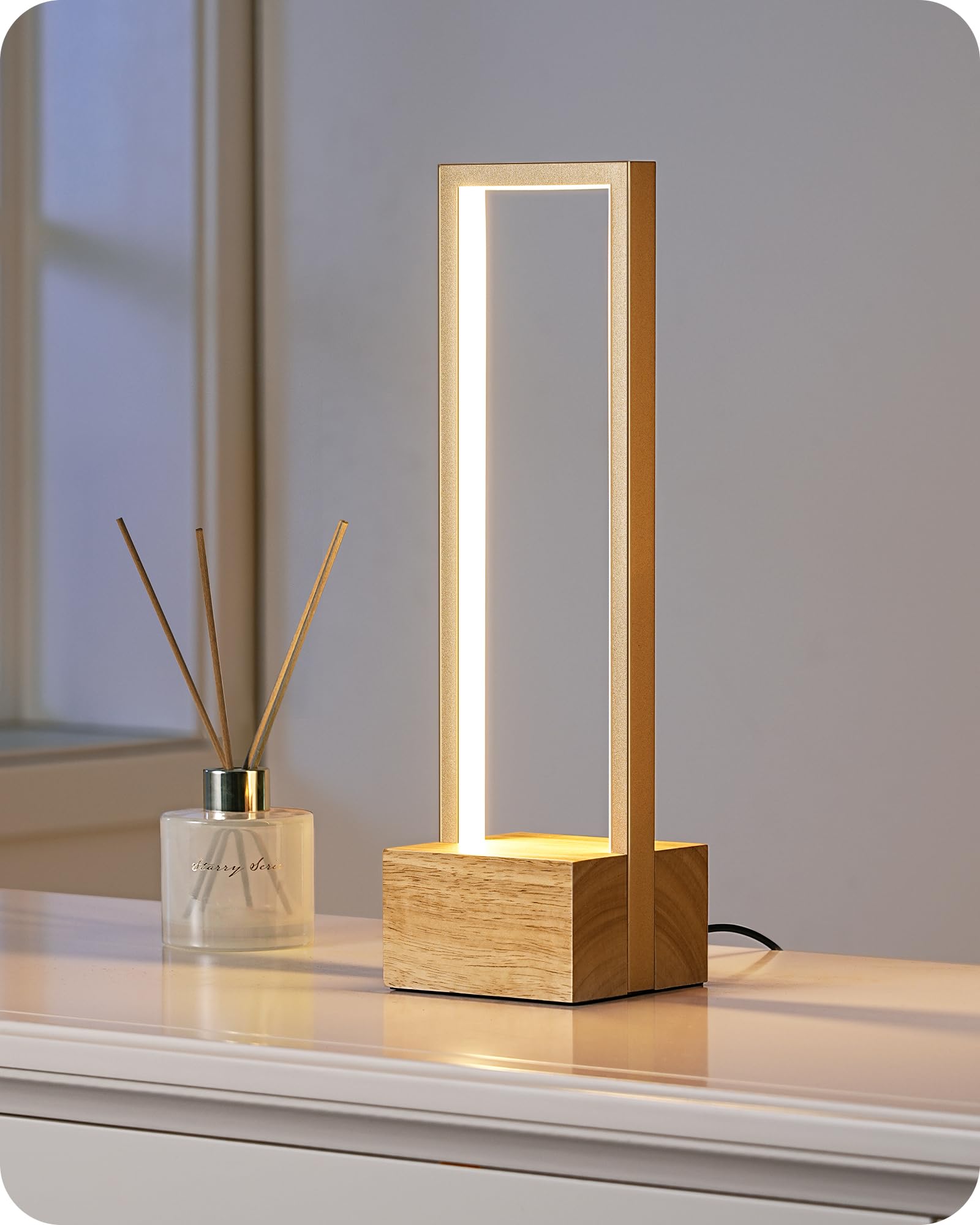Photo 1 of EDISHINE LED Table Lamp, Wooden Bedside Lamp with 3 Color Temperatures, Dimmable Square Nightstand Lamp for Bedroom Living Room, Complete Original Burlyood Color Base