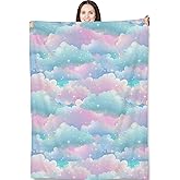 Pastel Cloud Sky Throw Blanket for Adults Kids, 50x60 in, Dreamy Rainbow Cloud Theme Flannel Blankets for Bedroom, Couch, Travel, Home Decor, Fuzzy Soft Cozy Warm Gifts