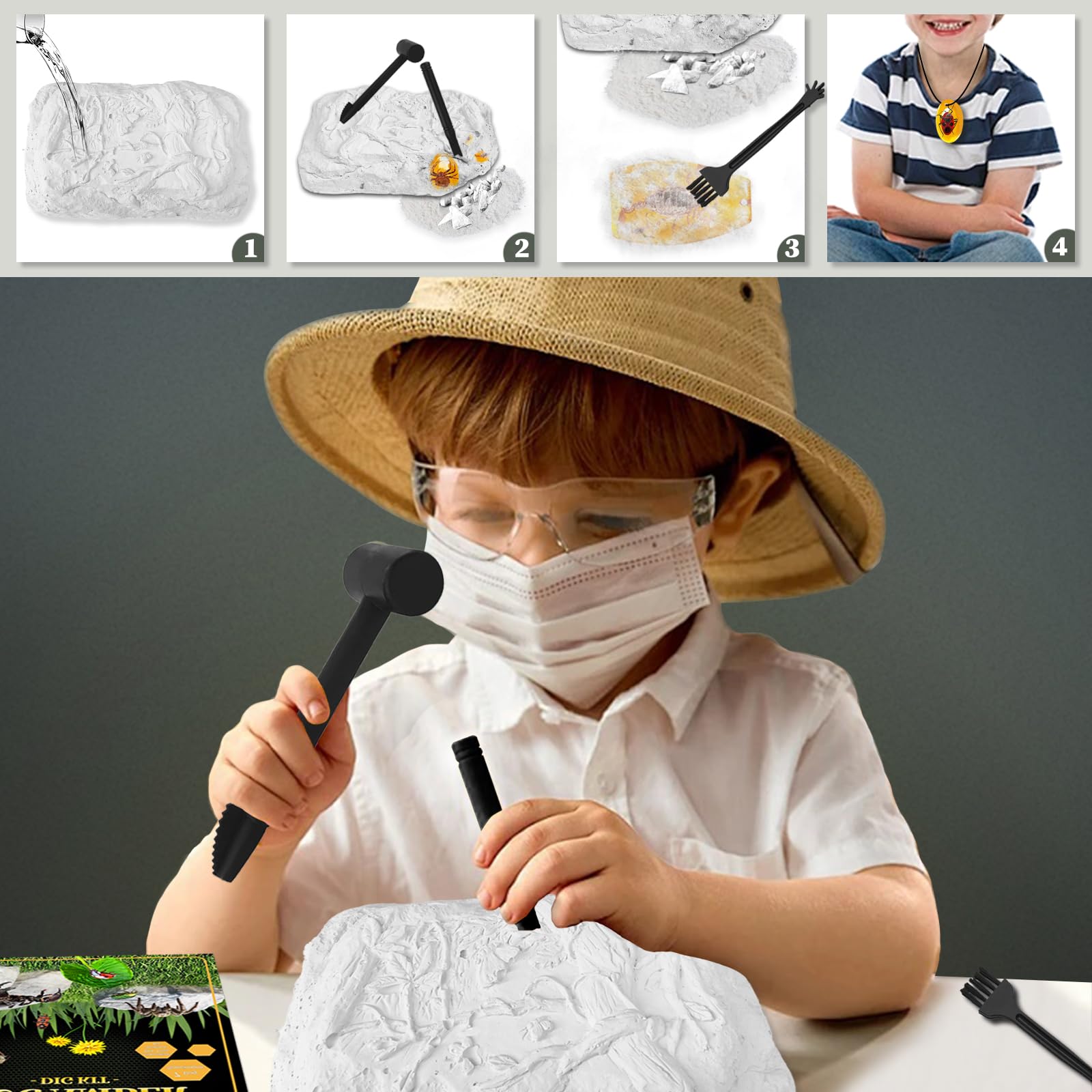 Bernstein Ausgrabungsset für Kinder ab 6 7 8 9 10 11 12 Jahren, Fossilien Ausgrabungsset Kinder mit 7 Künstliche Insektenfossilien und Ausgrabungszubehör, Edelsteine Ausgraben für Jungen Mädchen 5