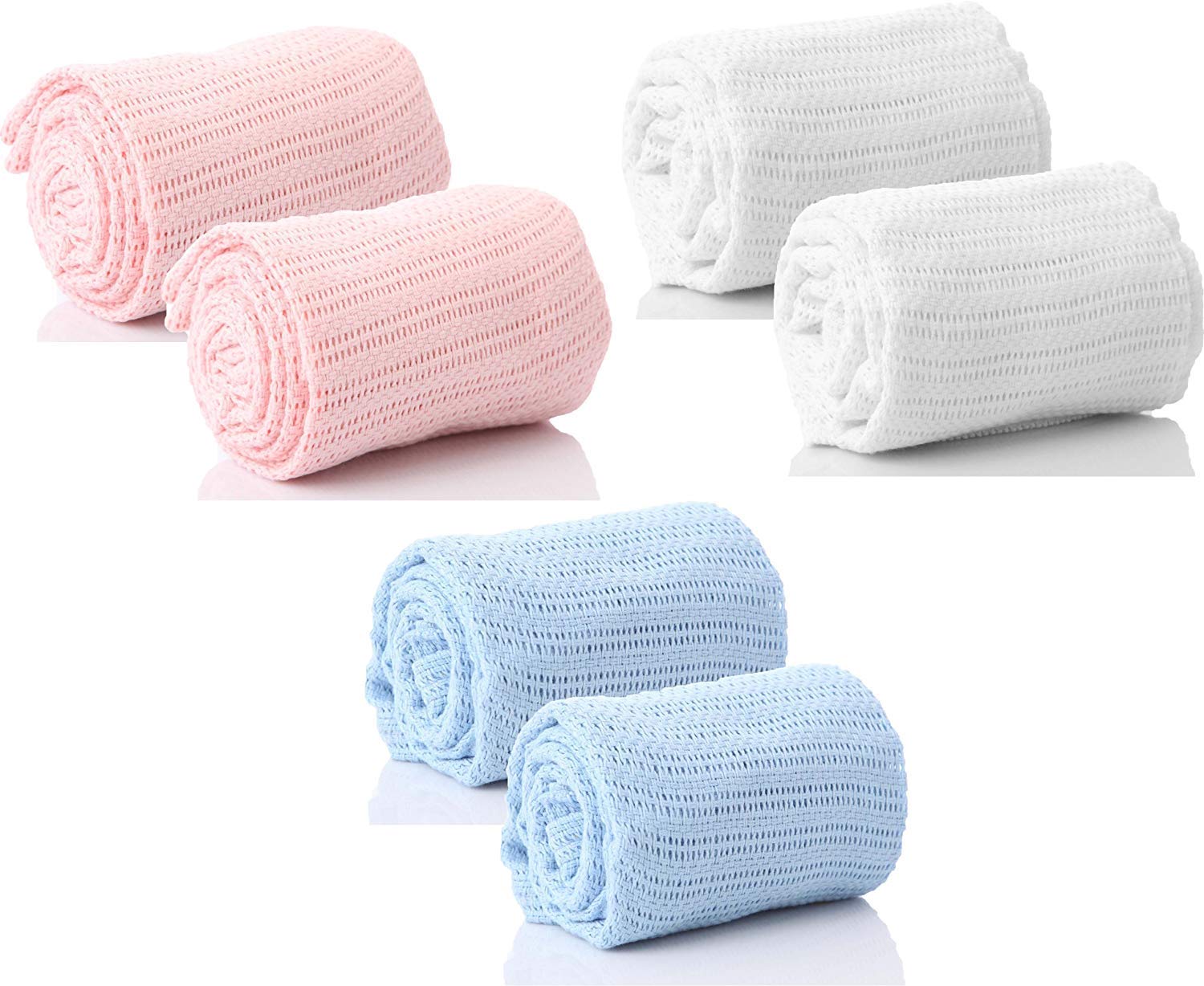 RSW Pair of 100% Pure Cotton Cellular Baby Blanket for Pram Cot Bed Moses Basket Crib in Blue Pink or White (White)