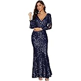 Women's Long Sleeve Full Sequins Mermaid Gown Long Prom Party Dress