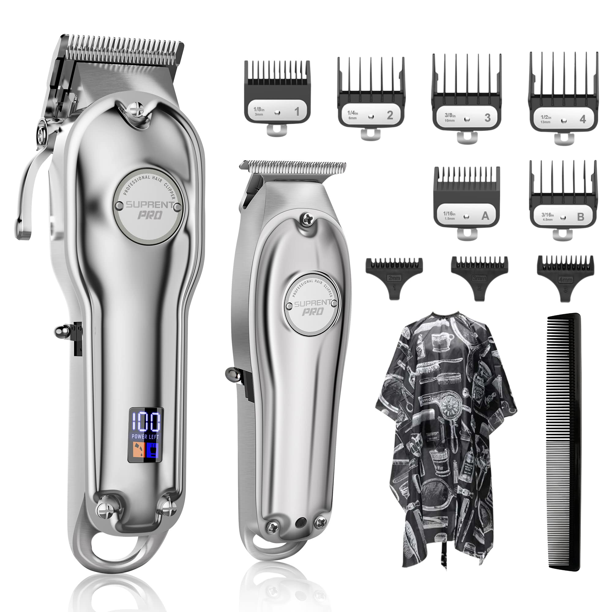SUPRENT Professional Hair Clippers Men, Barber kit Cordless Hair Cutting Men's Clipper Set & T-Blade Trimmer Kit, Rechargeable Zero Gap Trimmers for Barbers(Silver)