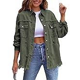 SEMATOMALA Women's Frayed Hem Ripped Denim Shirt Jacket Button Front Boyfriend Jean Coat Oversized Distressed Fall Shacket