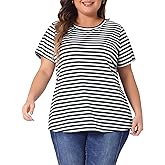 Agnes Orinda Plus Size Stripe t Shirt for Women Short Sleeve Crew Neck Rainbow Striped Top