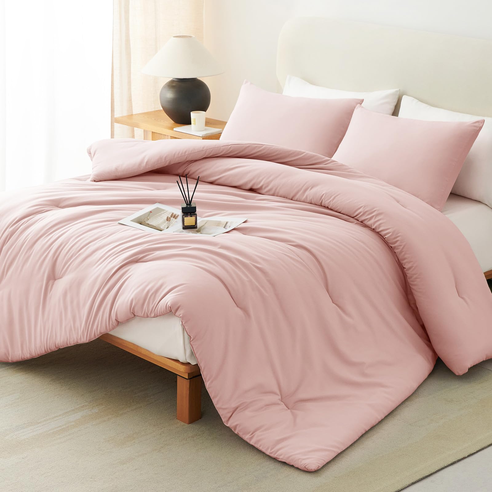 Photo 1 of CozyLux Blush Pink Full Size Comforter Set for Girls, 3 Pieces Women Solid Breathable Quilted Bedding Sets, Luxury Soft Bed Set with Down Alternative Comforter All Season (1 Comforter & 2 Pillowcases)