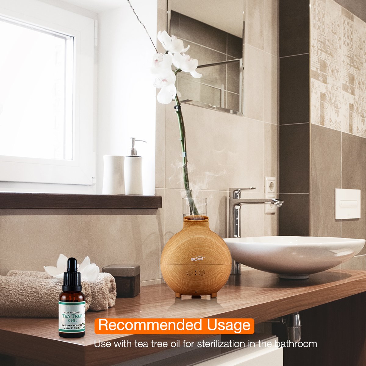 Housmile Large Essential Oil Diffuser for Aromatherapy 600ML Aroma Cool Mist Humidifier Globe - Ultra Quiet Ultrasonic Nebulizer - Last Overnight - Wood Grain