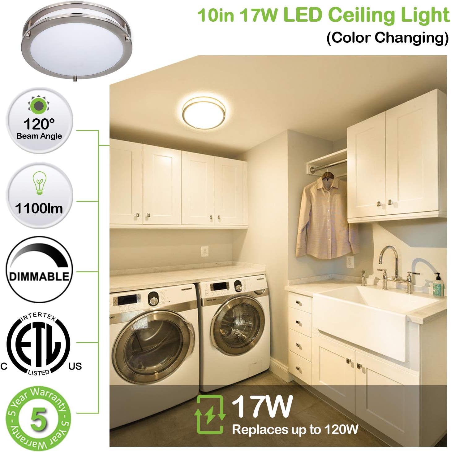 13 inch Flush Mount LED Ceiling Light Fixture, 3000K/4000K/5000K Adjustable Ceiling Lights, Brushed Nickel Saturn Dimmable Lighting for Hallway Bathroom Kitchen or Stairwell, ETL Listed - - 