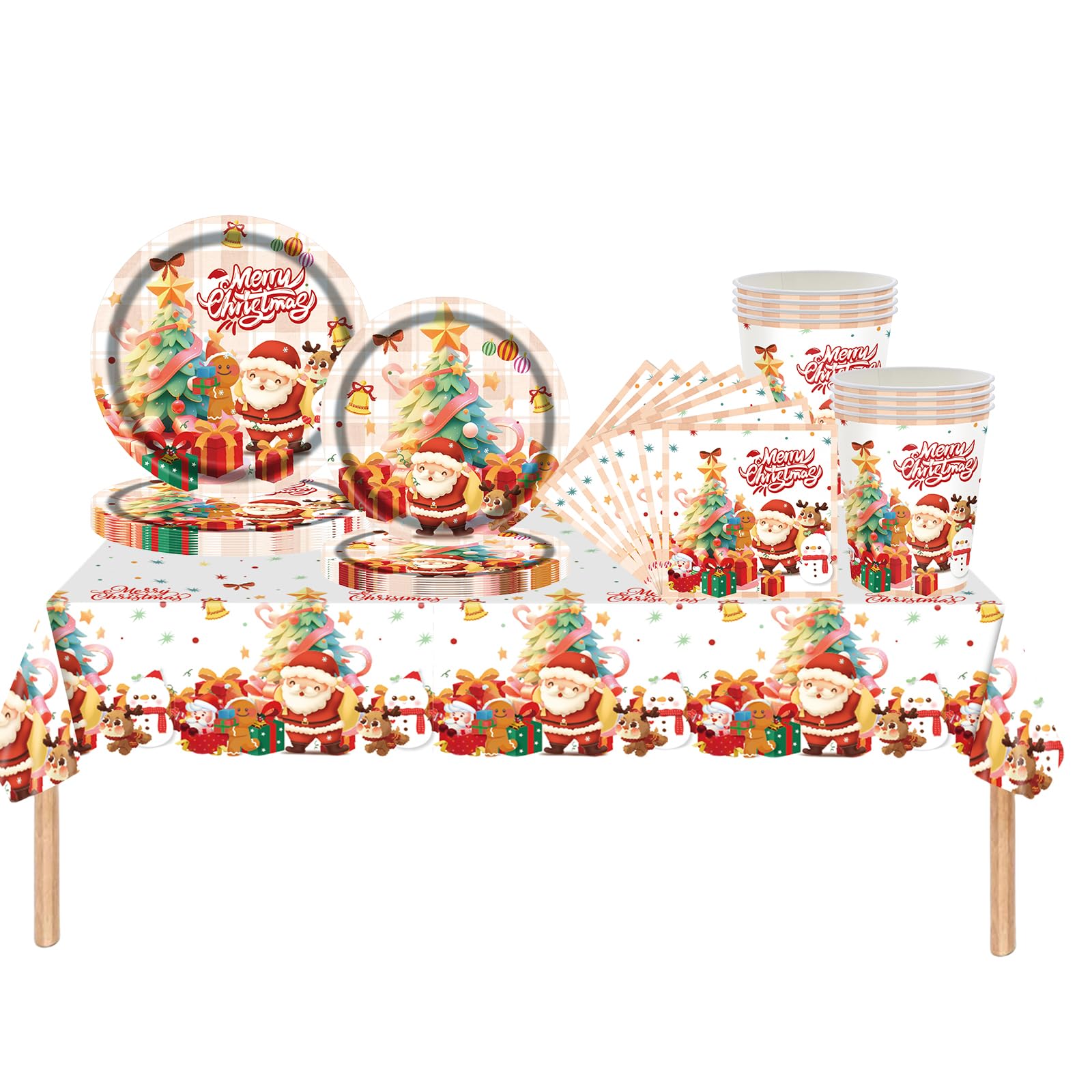 69pcs Christmas Party Tableware Plastic Table Cloth,Paper Plates Napkins Serviettes and Cups,Merry Christmas Decorations Santa Snowman Dinnerware Set for Winter Holiday Xmas Party Table Decorations — image 1