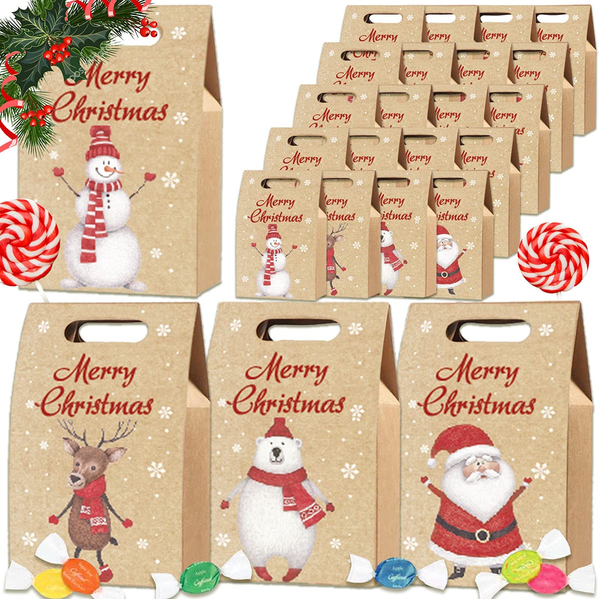 Christmas Gift Bags with Handle Kraft Paper Candy Bag, Xmas Sweet Treat Party Bags, Cookie Pouch Goody Bags, Fillers for Presents and Stuffers -24PCS-