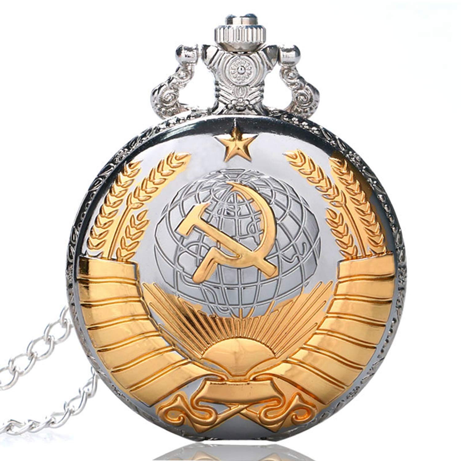 CokinkiDs Vintage Soviet Sickle Hammer Style Quartz Pocket Watch Men Women Silver & Gold Pendant Gift Fob Watches - 1.8" Dial