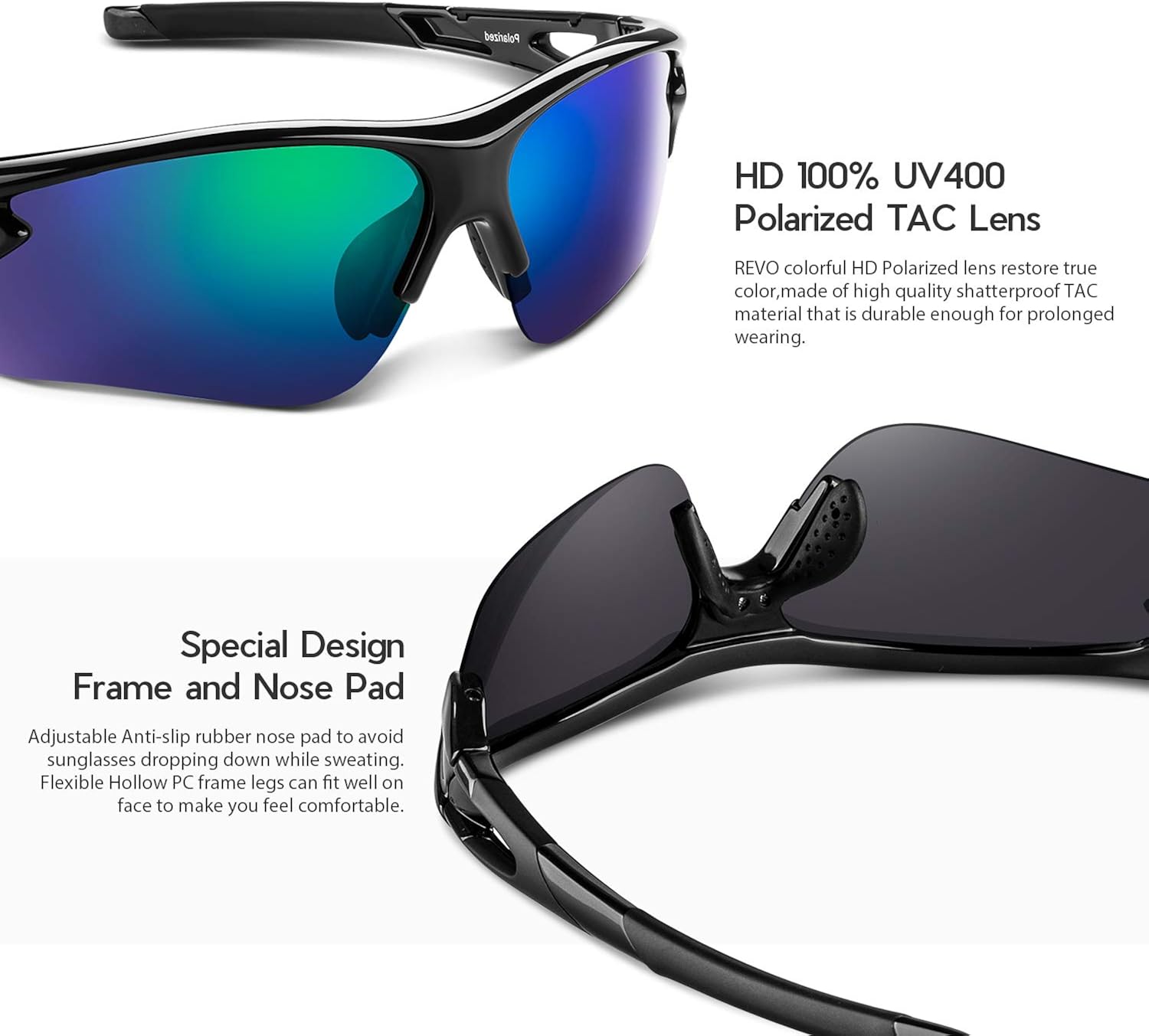 BEACOOL Polarized Sports Sunglasses for Men Women Youth Running Cycling Hiking Baseball Golf Fishing Driving Motorcycle TAC Glasses UV400 Protection,Black Green - Image 5