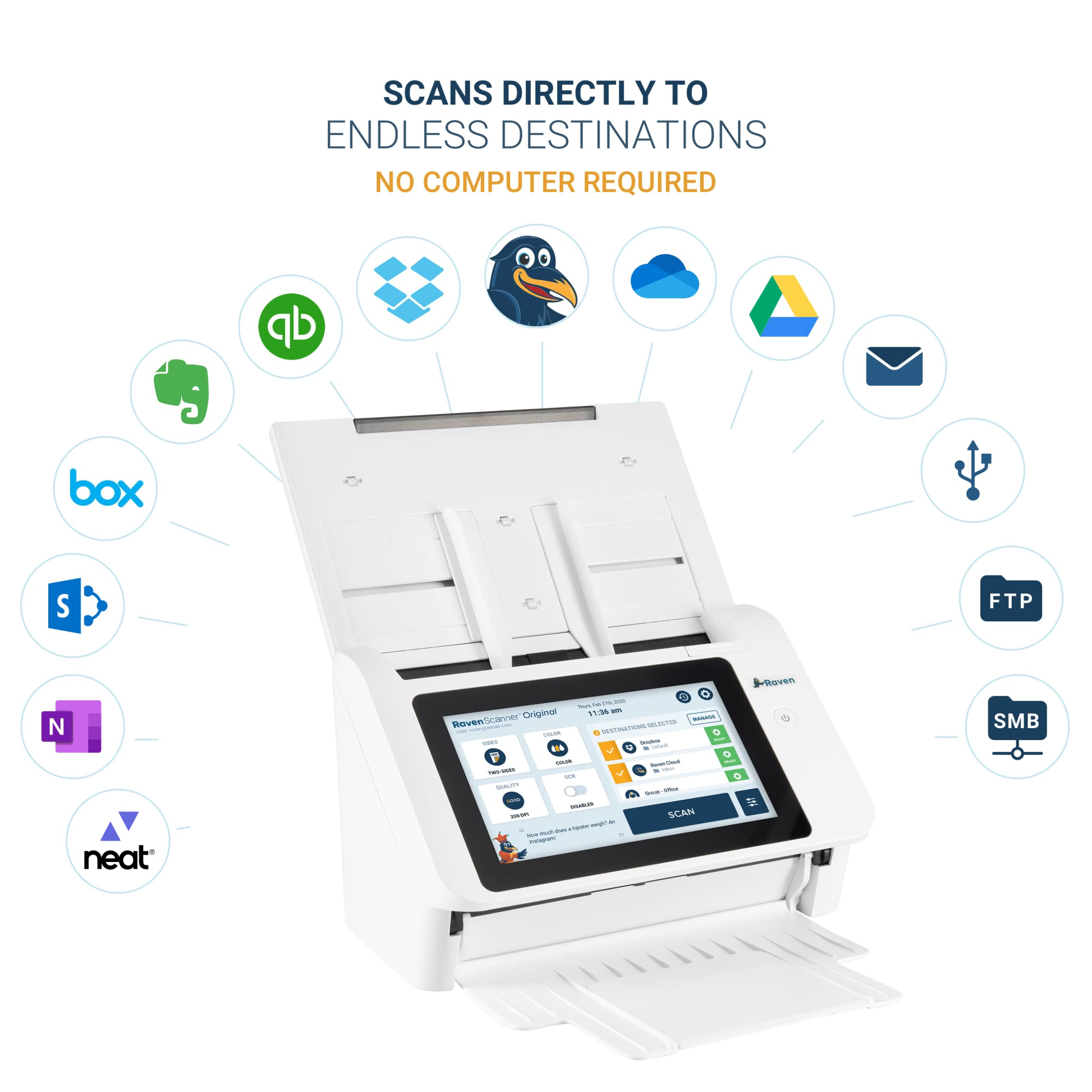 Raven Original Document Scanner - Huge Touchscreen, Color Duplex Feeder (ADF), Wireless Scanning to Cloud, WiFi, Ethernet, USB, Home or Office Desktop (2nd Gen)