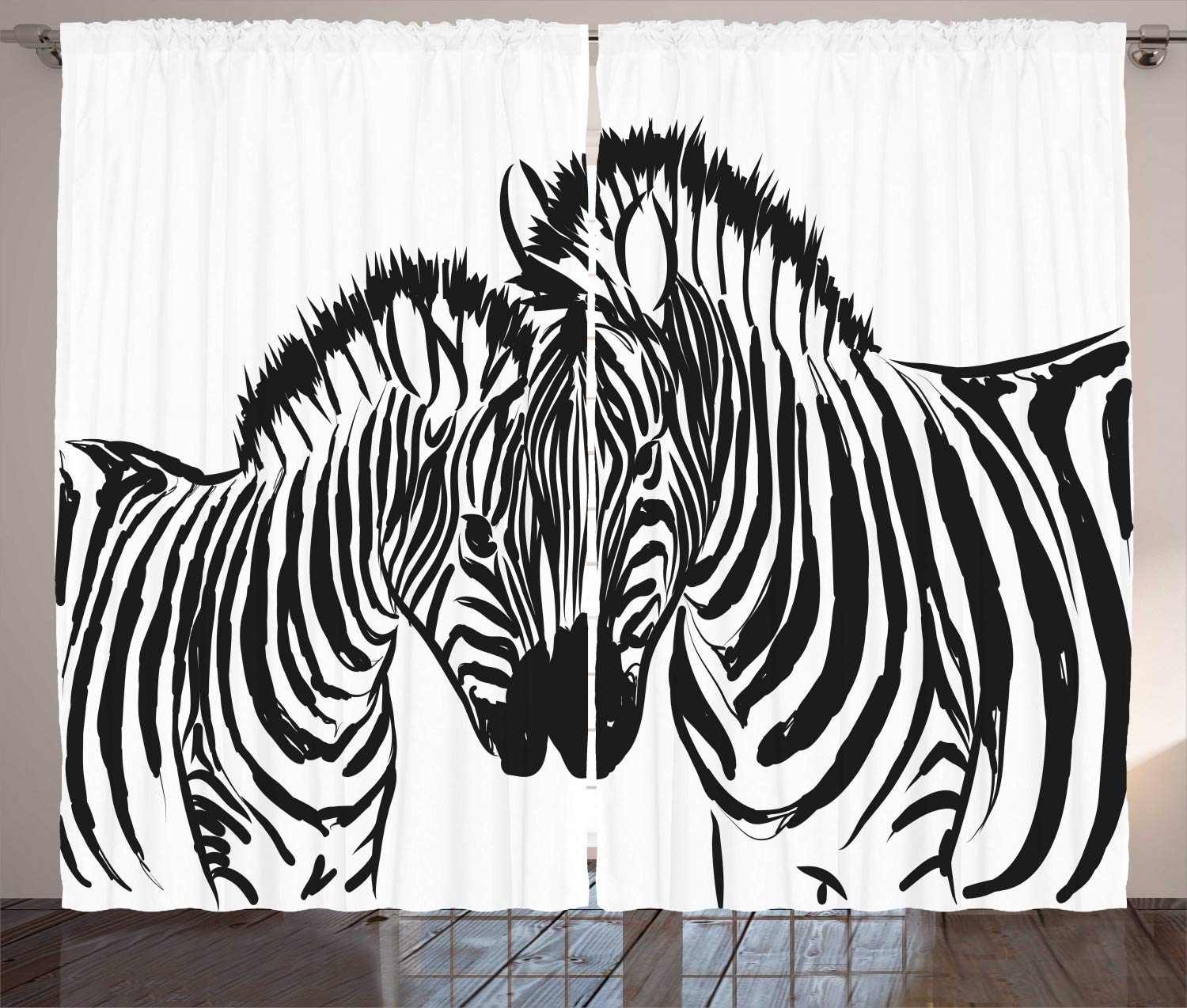 ABAKUHAUS Safari Curtains, Monochrome Demonstration of Jungle Animal Silhouettes on a Plain Background, Living Room Bedroom Window Drapes 2 Panel Set, 280 x 225 cm, White Gray — image 1
