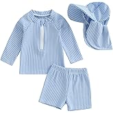 Nibbcoa Toddler Baby Boys Seersucker Long Sleeve Swimsuit Trunks Bathing Suit Swimwear with Hat 3Pcs Rash Guard Set
