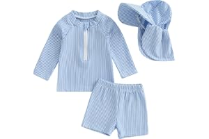 Nibbcoa Toddler Baby Boys Seersucker Long Sleeve Swimsuit Trunks Bathing Suit Swimwear with Hat 3Pcs Rash Guard Set