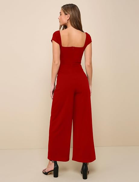 APRILAKE WOMENS JUMPSUIT DRESSY CASUAL CAP SLEEVE SQUARE NECK WIDE LEG LONG PANT ROMPERS WITH POCKETS RED