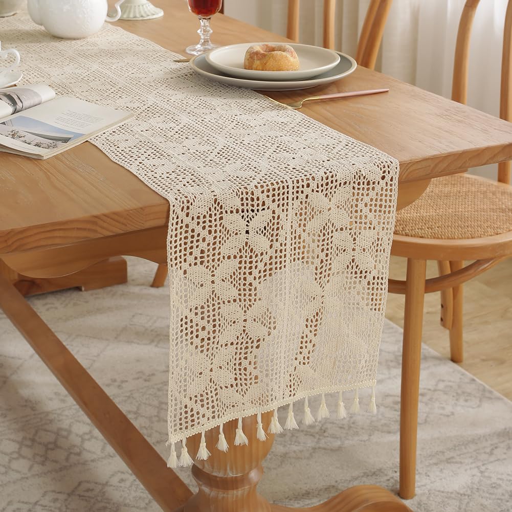 meioro Crochet Table Runners, 30x180cm Lace Table Runner Classic Beige Wedding Tablecloth Vintage Tassel Table Cover for Kitchen Dining Holiday Party Decoration(Style D)