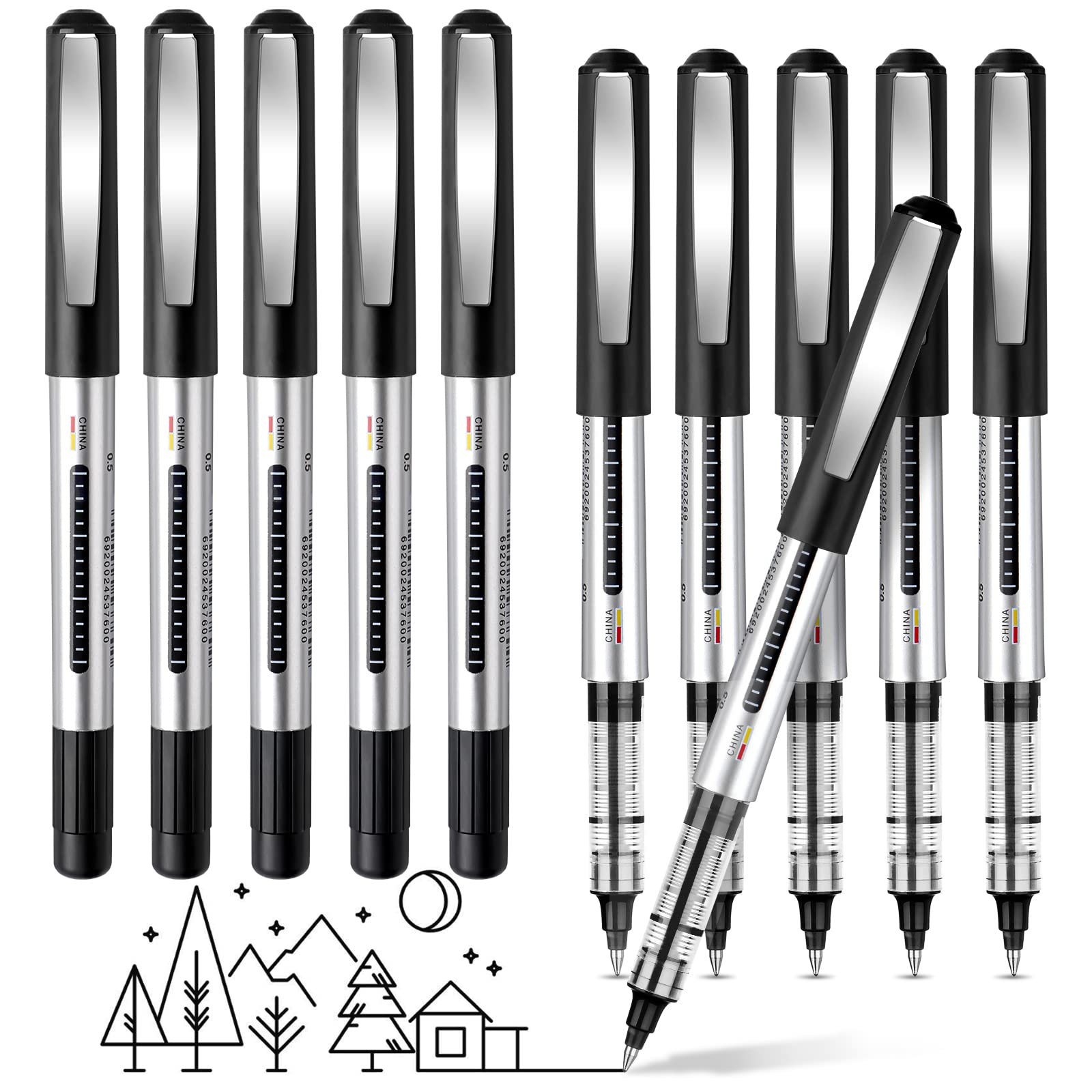Gel Pens, 10 Pack Quick-Drying Black Ink Pens, 0.5mm Ink, Ideal for School, College, Work & Home Office