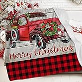 Merry Christmas Throw Blanket Red Truck with Christmas Tree on Rustic Wood Boards Checkered Plaid Flannel Blanket Holiday Blanket Warm and Cozy Throws for Bedding Couch Sofa Home Decor 40 x 50 Inch