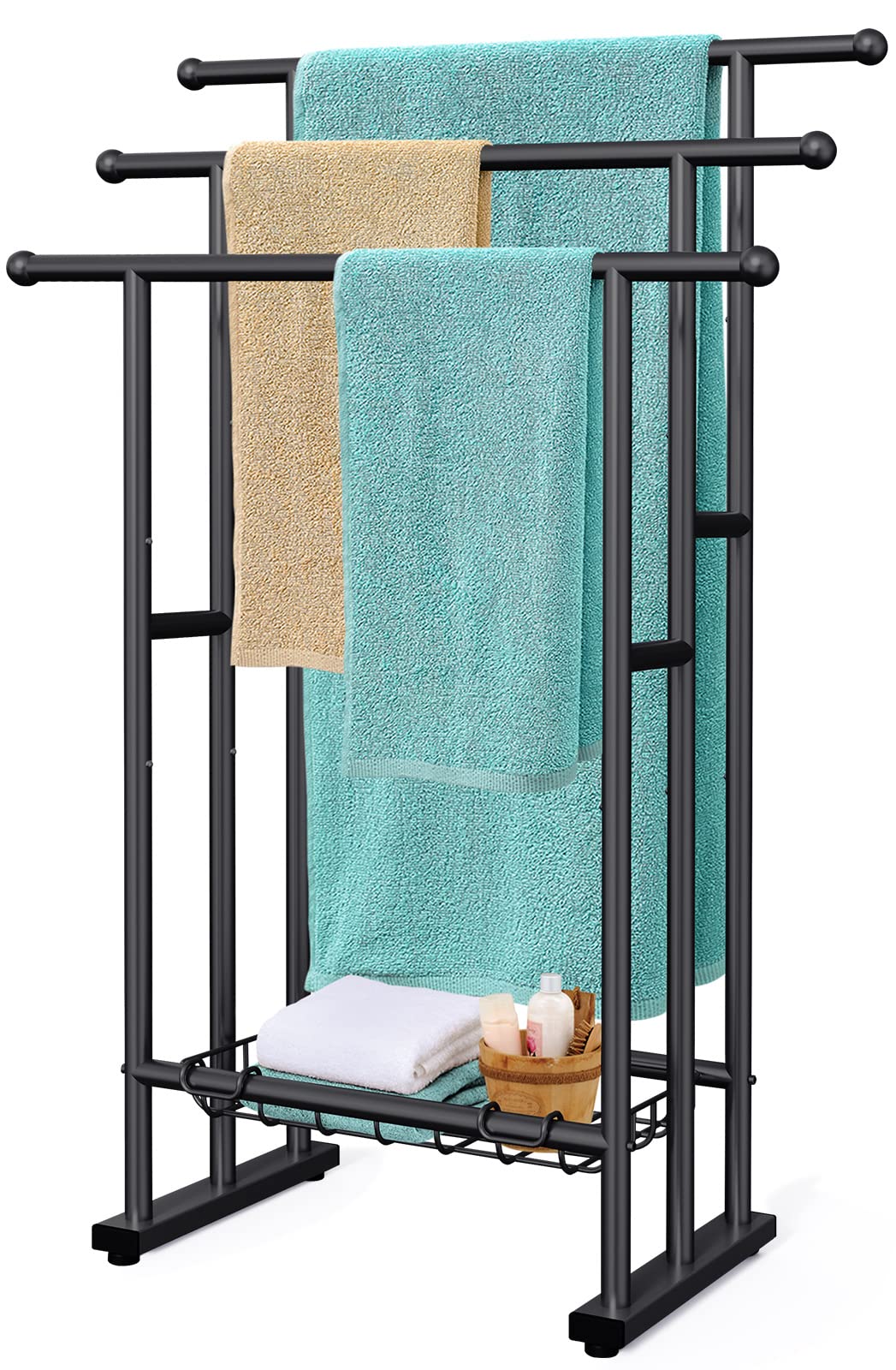 Photo 1 of Kayfia 40" H Free Standing Towel Rack, 3 Tier Alloy Steel Stand with Basket, Blanket Drying and Display Rack for Oversized Bath Towels Bathroom Accessories, Next to Tub or Shower (Black)