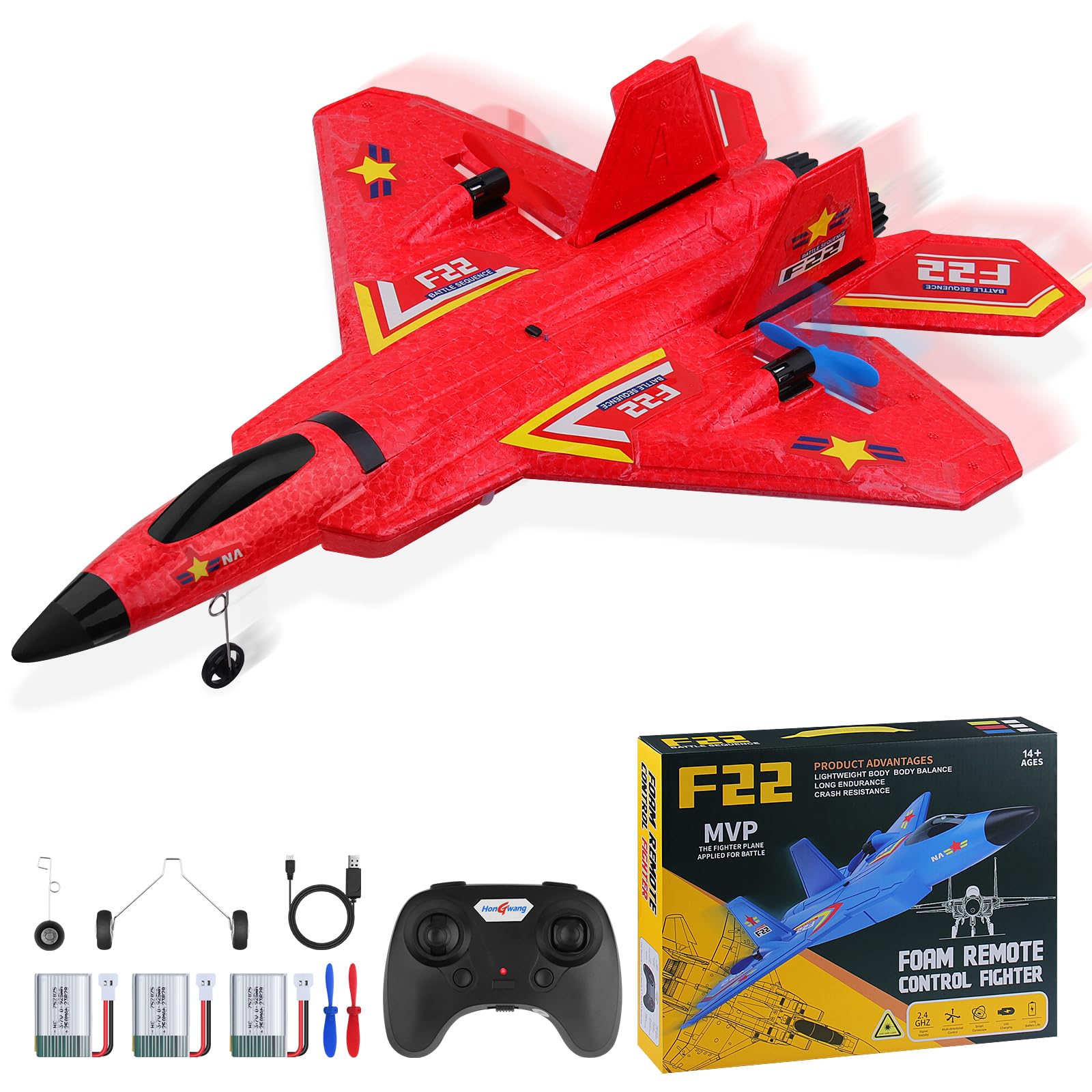 yusvwkj RC Plane F22 Remote Control Plane with 3 Batteries, 2.4GHz Remote Control Airplane Fighter Toys RC Glider Easy to Fly for Kids Beginners Adults USB Charging (Red)