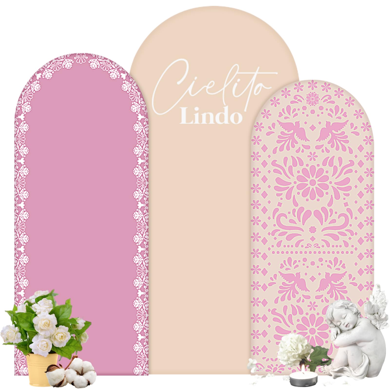 Photo 1 of Chunful 3 Style Mexican Arch Backdrop Cover Baby Shower Photo Background Decor 2-Sided Round Top Backdrop Arch Polyester Fabric Cover for Mexican Wedding Birthday Fiesta Party Decoration (Brown-Pink)