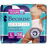 Because Adult Incontinence Underwear for Sensitive Skin - Women - Premium Overnight Disposable Briefs, Anti Odor - White, Large - Absorbs 6 Cups - 56 Count (4 Packs of 14)