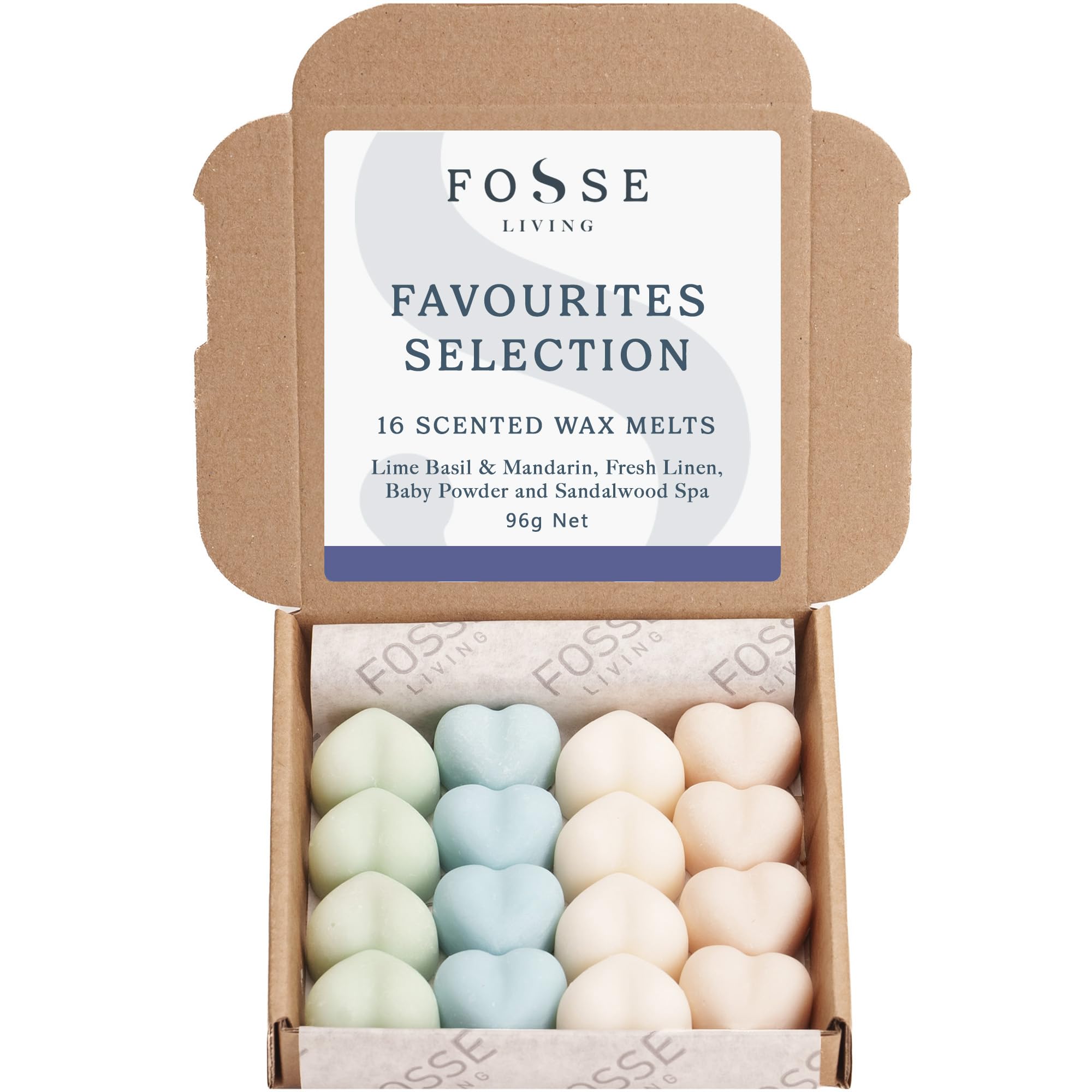 Favourites Selection Soy Wax Melts 16 Pack | Fresh Linen, Baby Powder, Lime Basil & Mandarin, Sandalwood Spa | Natural, Vegan & Plastic Free | 96 Hours Scent | Handmade in the UK – Fosse Living