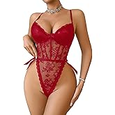 Avidlove Women Teddy Lingerie Deep V Lace Bodysuit Lingerie One Piece Mini Babydoll Satiny Side Bow