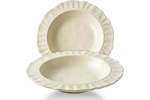 COIKZLY Ceramic Soup Bowls 8.6 in, Pasta Bowls & Plates, Cream Color Floral-Embossed Wide Rim Shallow Bowls Set of 2, Italian