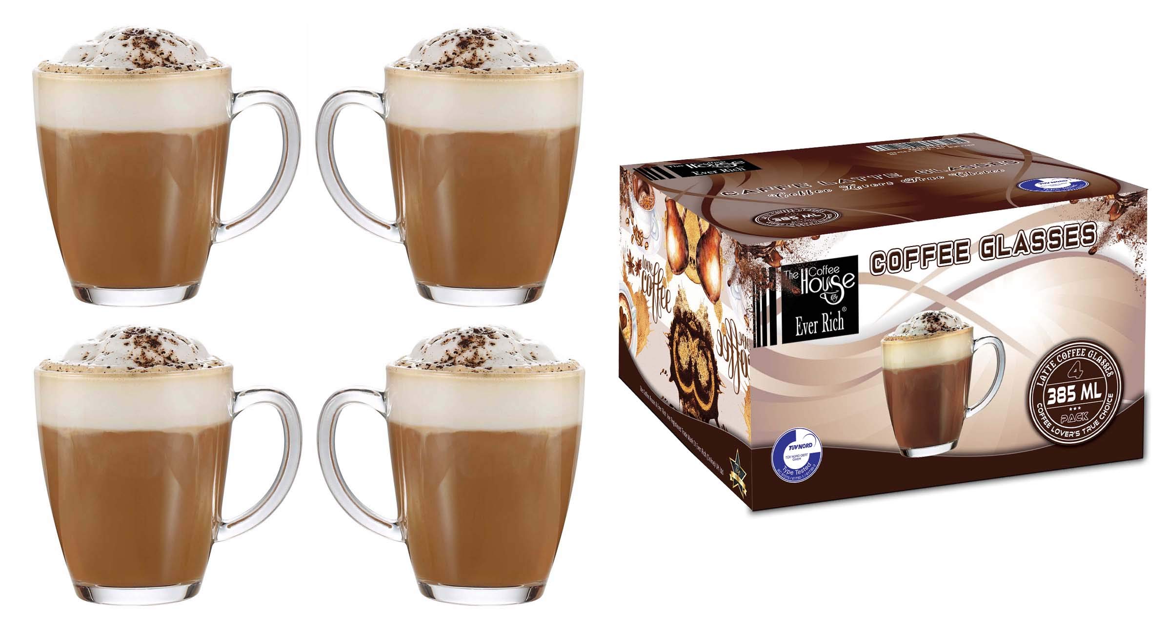 Ever Rich ® 385ML Latte Glass Tea Coffee Cup Mug (Compatible with Tassimo & Dolce Gusto) 4 Glasses Only (385ML X 4)